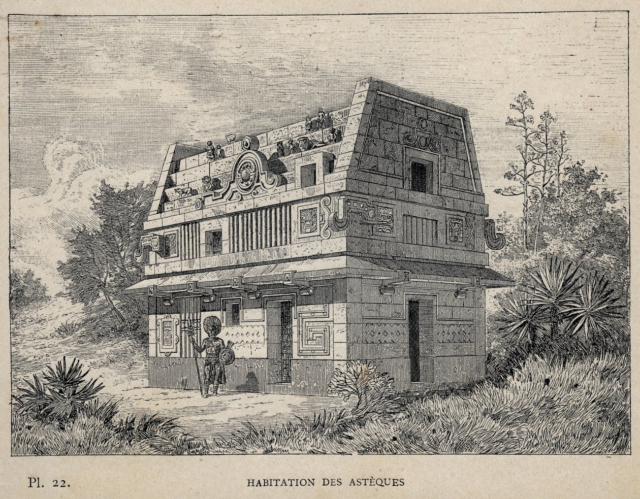 Habitation des Asteques (Azteques) - Gravur von 1889 in „Histoire de habitation humaine“ auf der Weltausstellung von 1889, von Mr. Charles Garnier - Librairie centrale des beaux-arts Paris 1889 von Unknown artist
