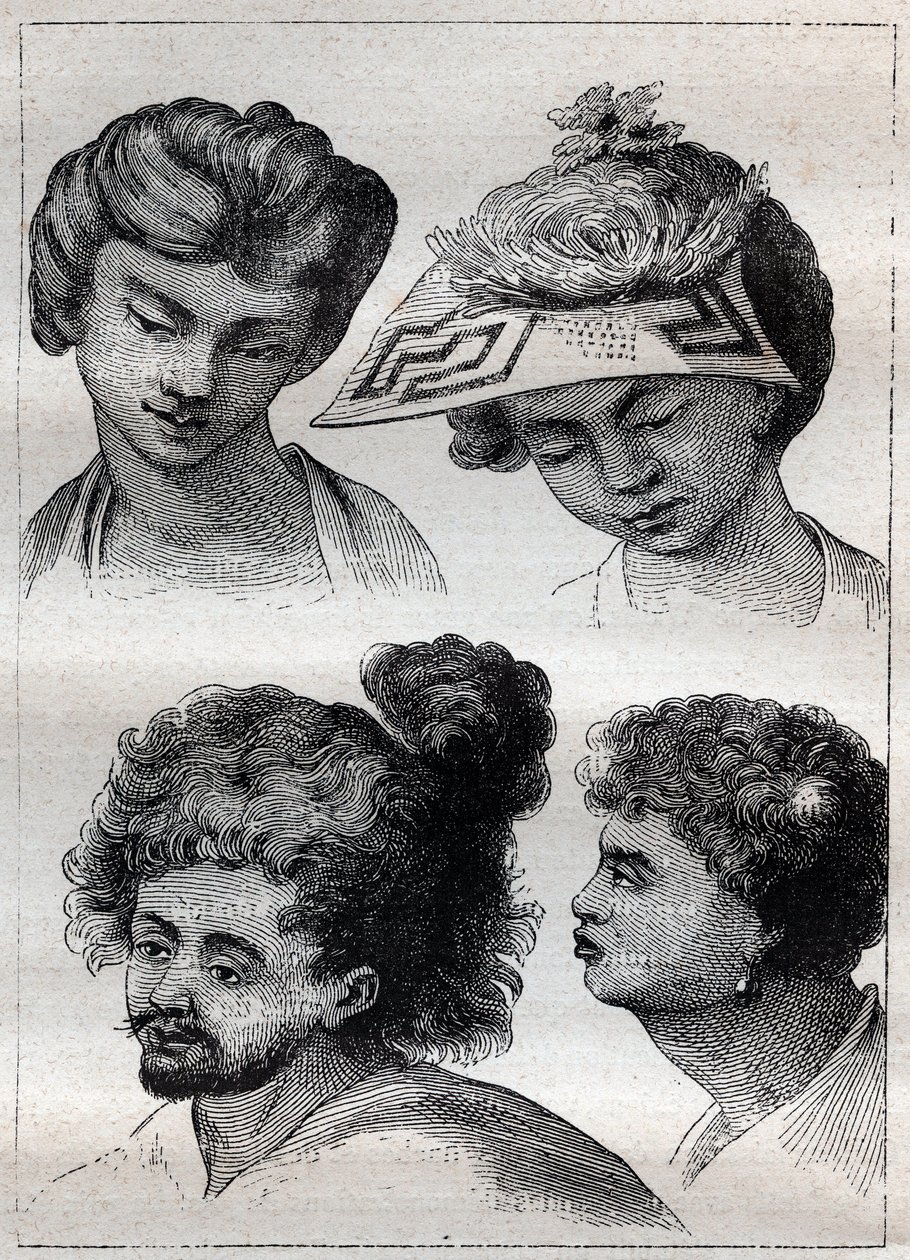 Frisuren der Einwohner von Tahiti - Illustration aus „Die großen Seefahrer des 18. Jahrhunderts“ von Unknown artist