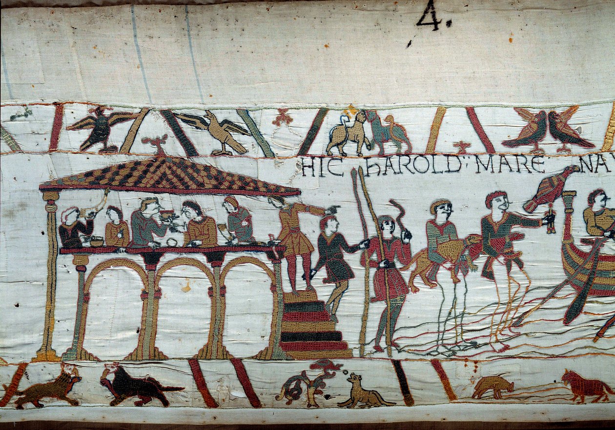 Harold wird vom König von England, Edward dem Bekenner, nach Normandie geschickt, um Herzog Wilhelm den Eroberer (1027-1087) zu informieren, dass er sein Nachfolger auf dem englischen Thron sein wird: Das letzte Mahl an Land vor der Einschiffung nach Norma von Unknown artist