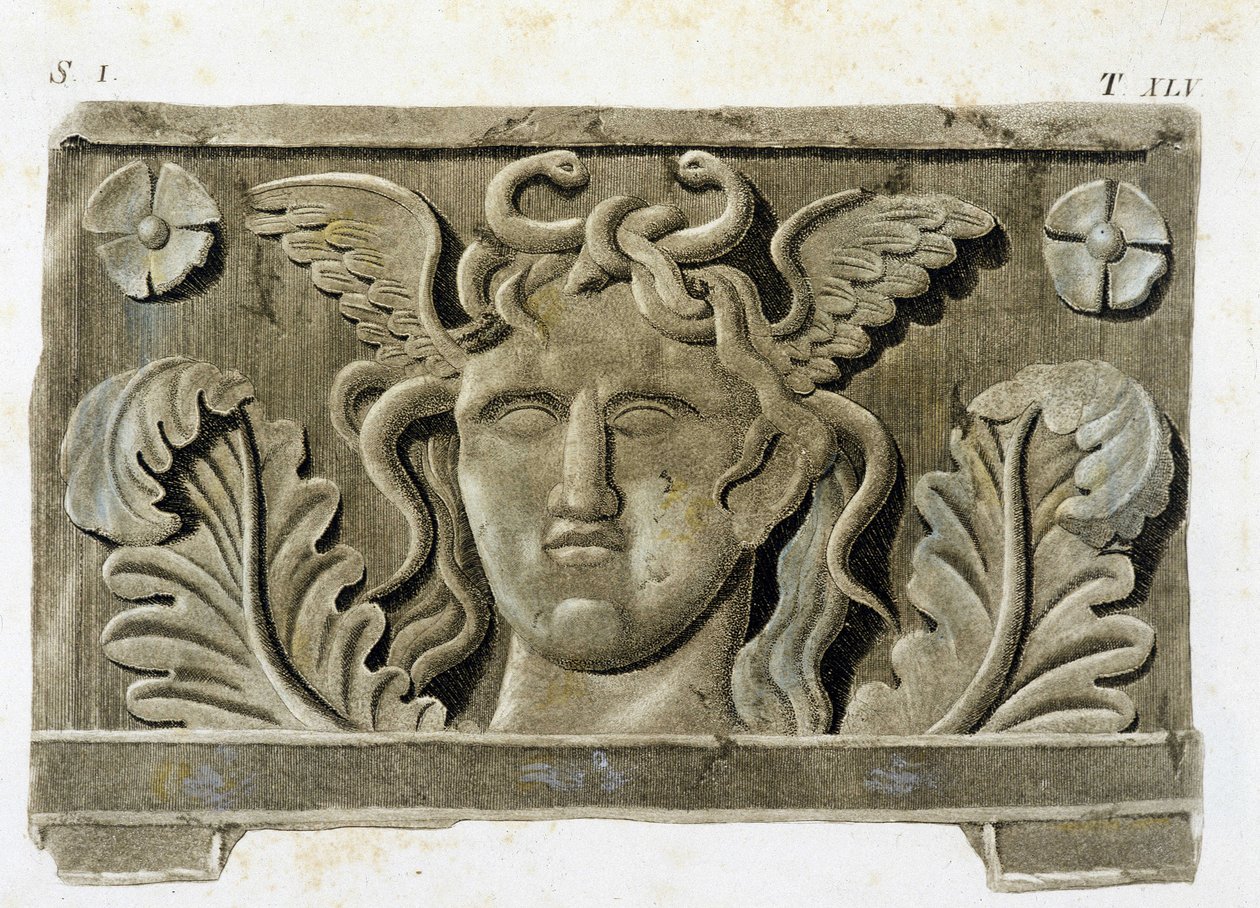 Kopf der Medusa, eine der drei Gorgonen, Steinrelief - in 