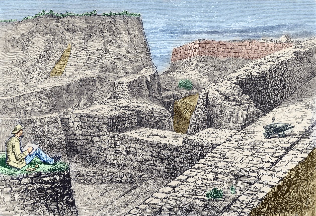Heinrich Schliemann zeichnet die Mauern von Troja (Hissarlik) während der Ausgrabungen von Unknown artist