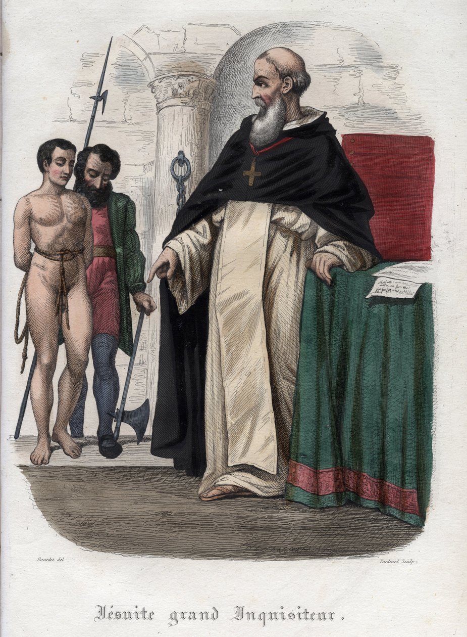 Ketzerischer Gefangener und Jesuiten-Großinquisitor zur Zeit von Papst Clemens VIII. (1592-1605). Gravur von 1842 in „Histoire des popes“ von Maurice Lachatre. Private Sammlung. von Unknown artist