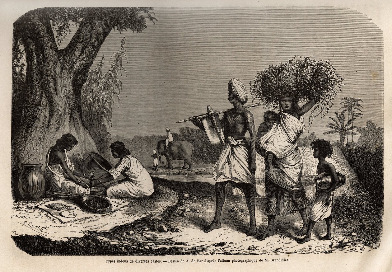 Hindu-Typen verschiedener Kasten, eine Familie von Vaysias (Händlern), am Fuße des Baumes, zwei Frauen der Sudra-Kaste von Unknown artist