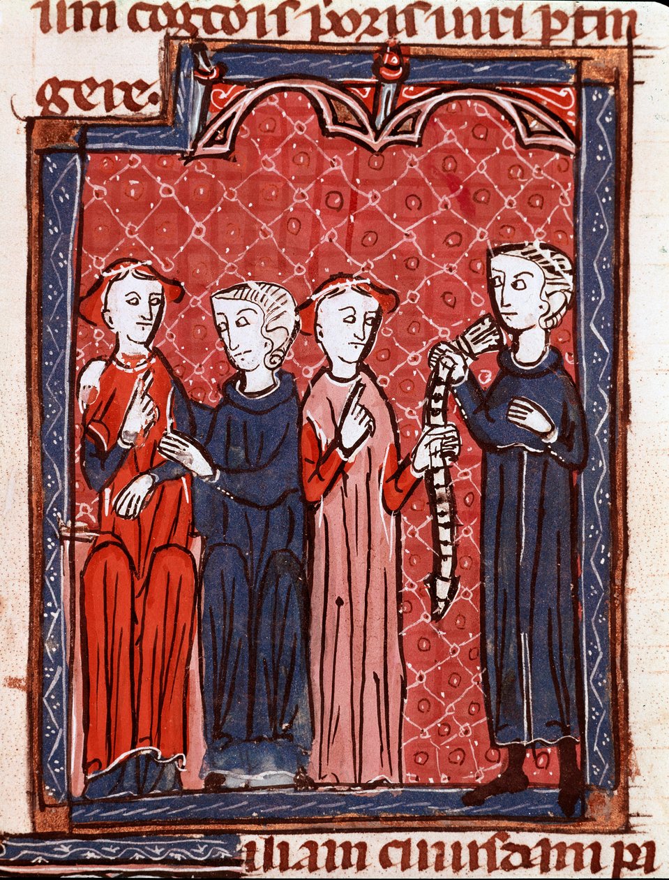 Geschichte des kanonischen Rechts: „Frau verurteilt zum Keuschheitsgürtel“. Miniatur aus „Decretum Gratiani“ (Concordia discordantium canonum) von 1140, das die Gesetze und Kanones der römisch-katholischen Kirche regelt. 13. Jahrhundert von Unknown artist