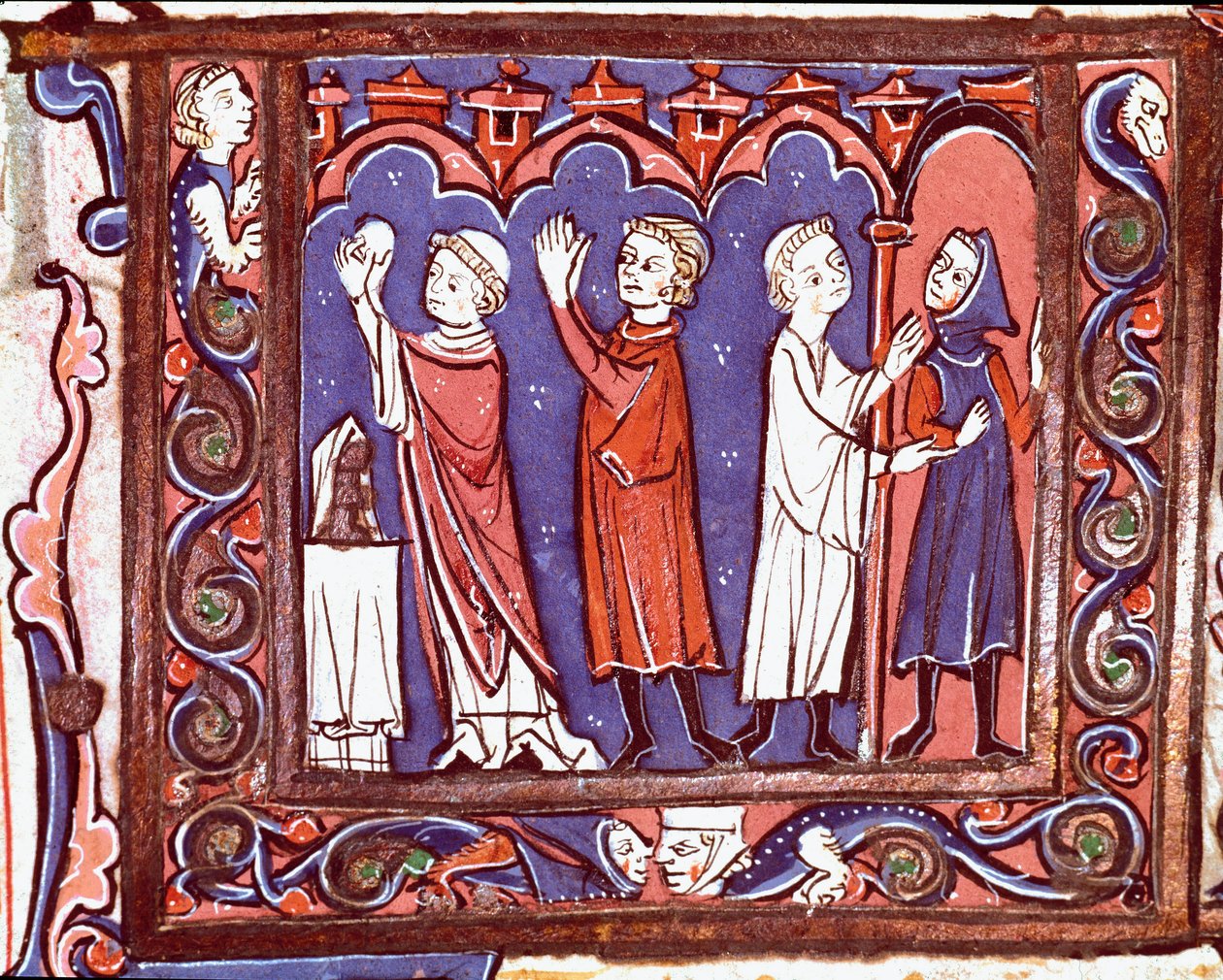 Geschichte des kanonischen Rechts: Kommunionsszene (links) und Exkommunikation (rechts) (Miniatur aus „Decretales“ von Giovanni d