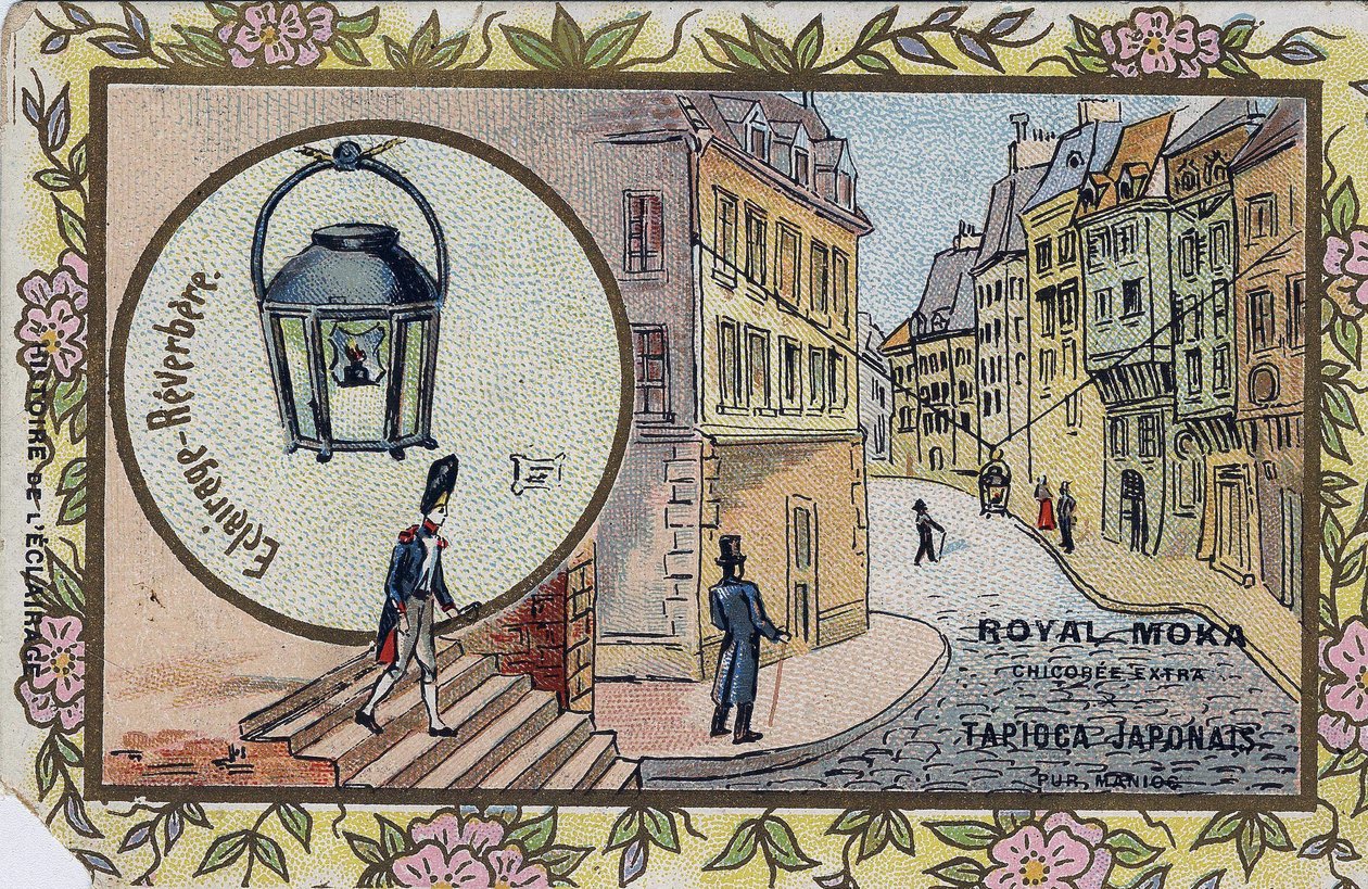 Geschichte der Beleuchtung: Beleuchtung von Straßenlaternen. Chromolithographie um die Royal Moka Chicorée von Unknown artist