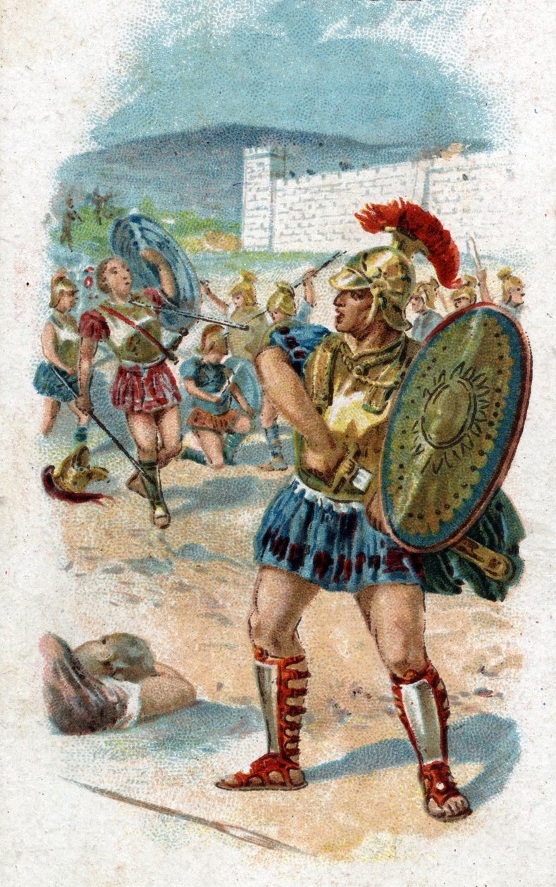 Geschichte des Lebens von Achilles, legendärer Held des Trojanischen Krieges: Patroklos erhält die Erlaubnis von Achilles, die Griechen zu retten, indem er seine Waffen trägt. Er wird von Hektor getötet, der die Waffen von Achilles als Beute nimmt. Chromol von Unknown artist