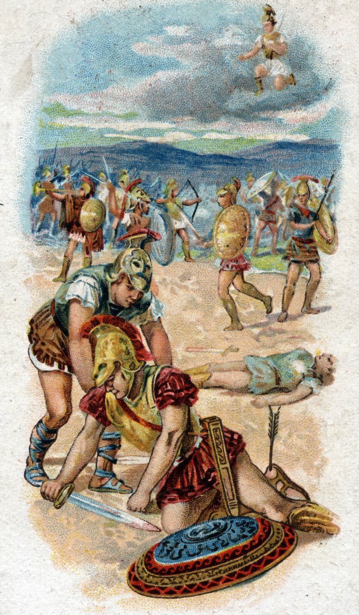 Geschichte des Lebens von Achilles, legendärer Held des Trojanischen Krieges: Tod von Achilles, am Fuß der Mauern von Troja, die Ferse, sein Schwachpunkt, durchbohrt von einem Pfeil, der von Paris abgeschossen wurde. Chromolithographie von 1890 von Unknown artist