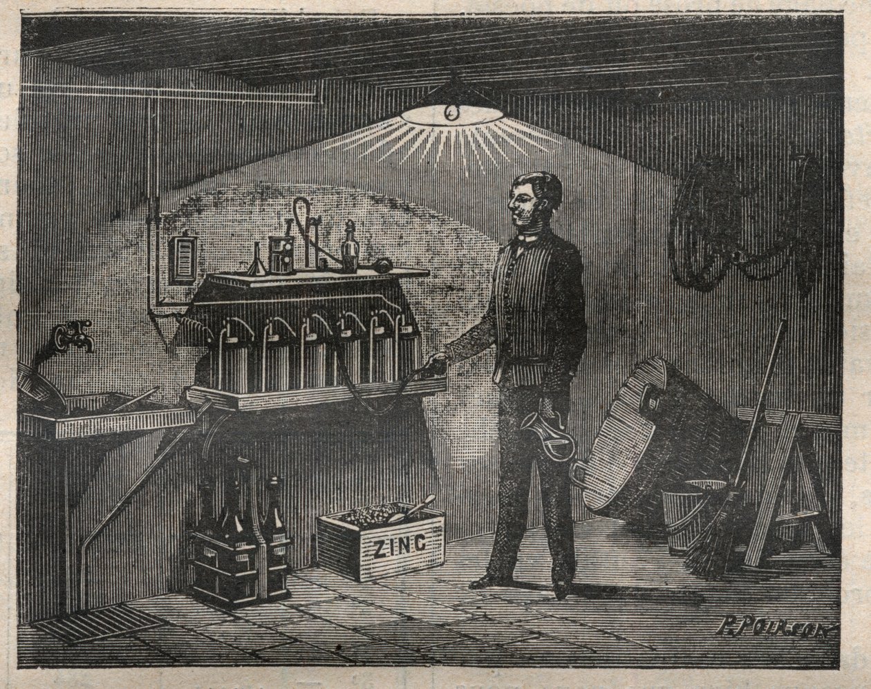 Heim-Elektrizität: Installation der von Radiguet erfundenen Batterie in einem Keller - Gravur in „La Science francaise“ von Unknown artist