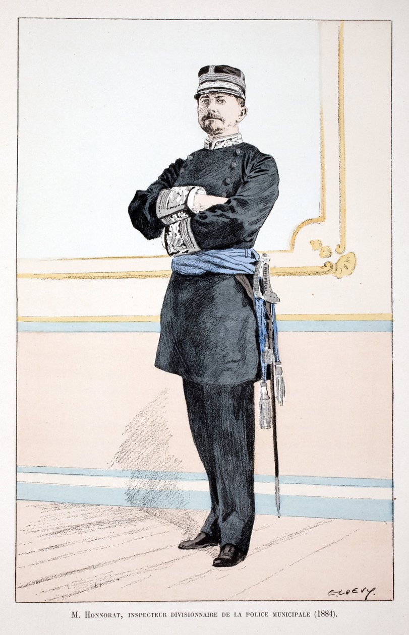 Honorat, Divisionsinspektor der Stadtpolizei (1884). Farbradierung zur Illustration „Geschichte des Friedenswächterkorps“ Buch veröffentlicht unter der Schirmherrschaft von Louis Lepine (1846-1933), Polizeipräfekt von Paris, von Alfred Rey von Unknown artist