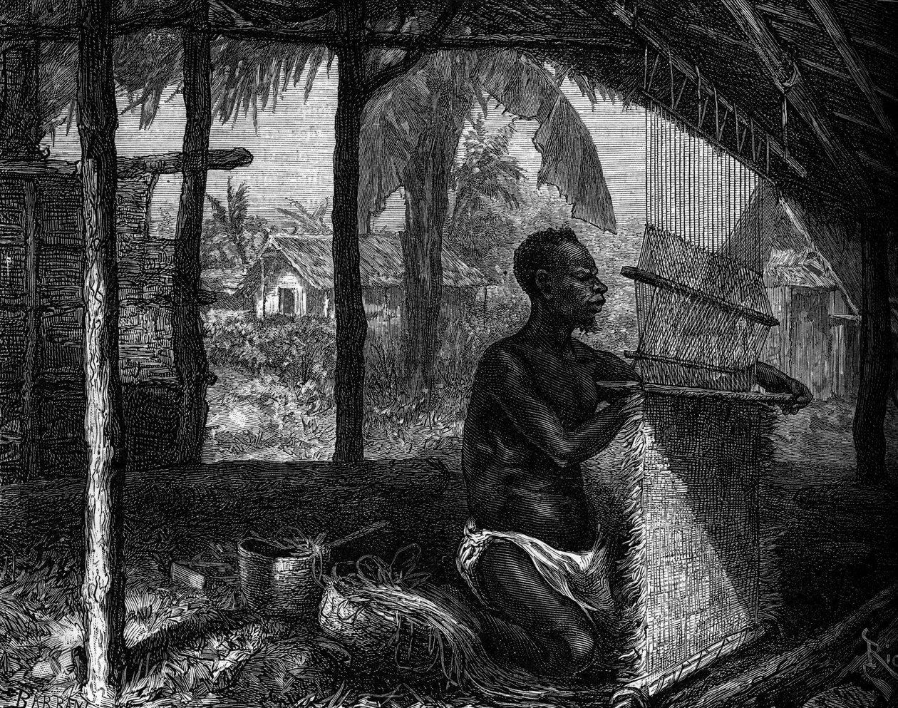 Menschlicher Zoo: Weber aus Gabun auf der Weltausstellung von 1889. Gravur im Journal „La jeunesse“ von Unknown artist