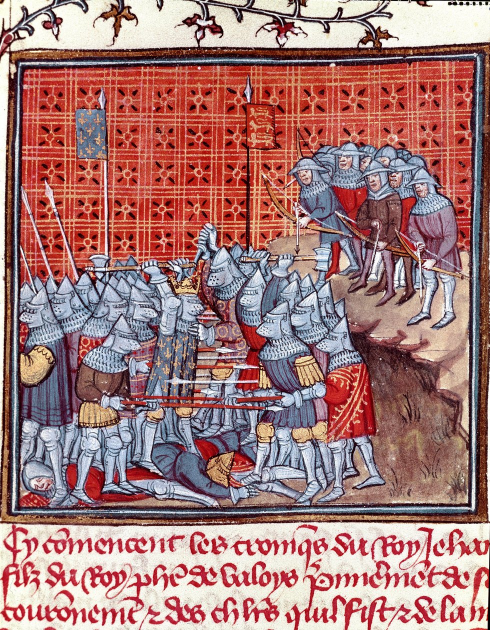 Hundertjähriger Krieg: Der König von Frankreich Johann II. der Gute während einer Schlacht (Miniatur aus „Les grandes Chroniques de France“ von Jean Froissart) von Unknown artist