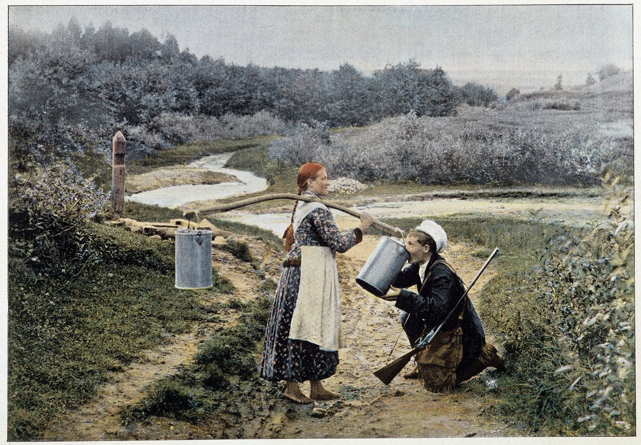 Jäger und Mädchen am Brunnen (Russland) - Fotografie, Ende 19. Jahrhundert von Unknown artist