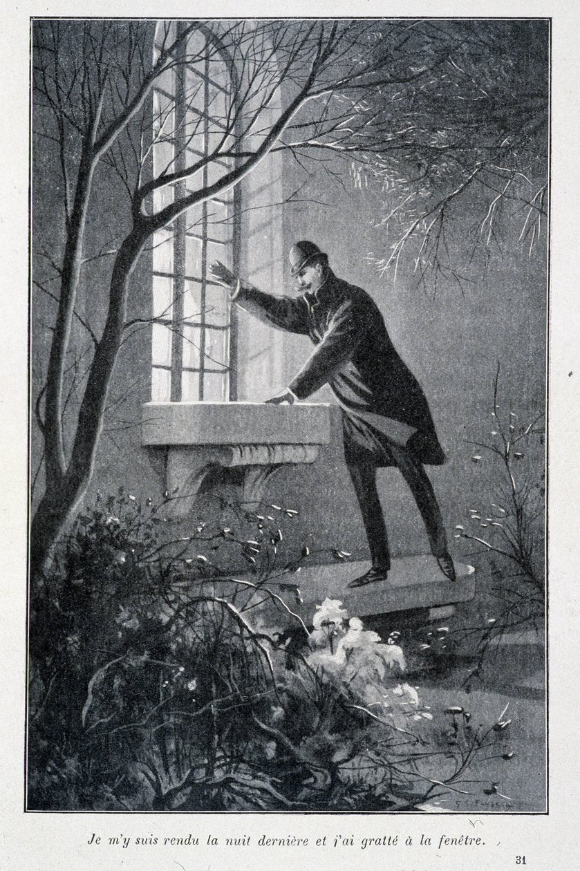 Ich ging letzte Nacht und kratzte am Fenster, Illustration in Conan Doyles „Die ersten Abenteuer von Sherlock Holmes“. Sd. um 1890 von Unknown artist