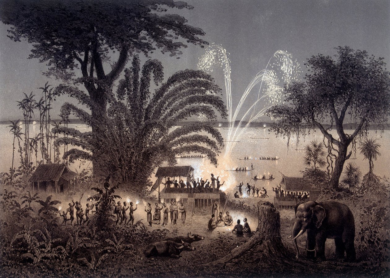 Beleuchtung des Flusses während des Bassac-Festes, Siamesisches Laos. In „Atlas der Erkundungsreise in Indochina 1866-1868“ veröffentlicht unter der Leitung von F. Garnier 1873. von Unknown artist