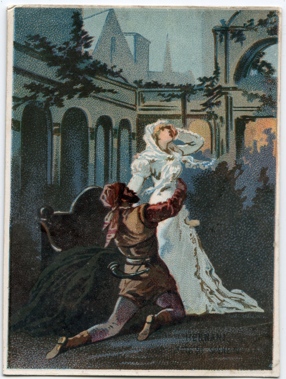 Illustration von „Ernani“ von Giuseppe Verdi, Akt 2, Szene IV, Oper von 1844 nach der Tragödie „Hernani“ von Victor Hugo. Chromolithographie aus dem späten 19. Jahrhundert. von Unknown artist