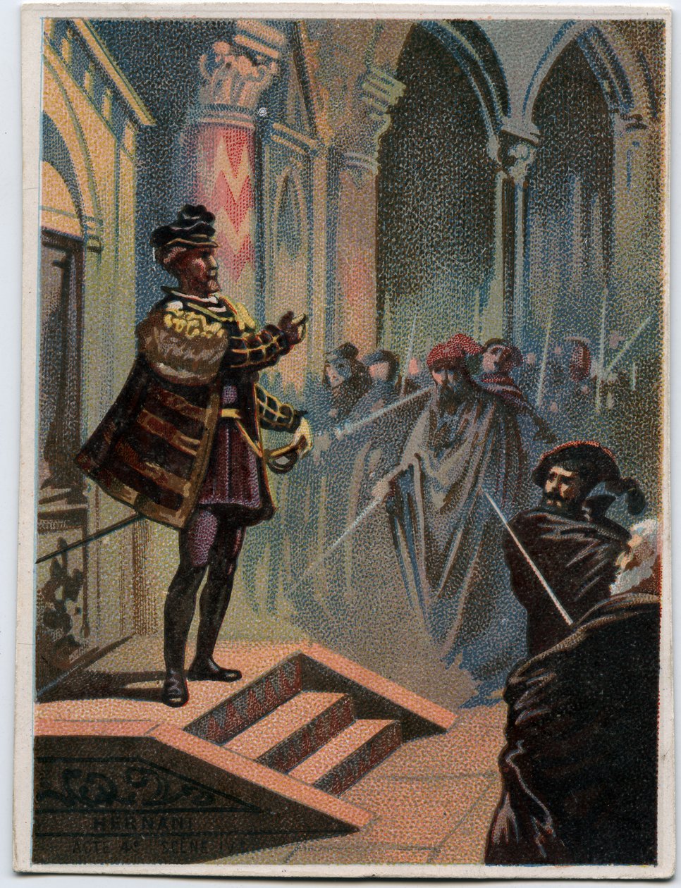 Illustration von „Ernani“ des italienischen Komponisten Giuseppe Verdi (1813-1901), Akt 4, Szene I, Oper, die 1844 nach der Tragödie „Hernani“ von Victor Hugo geschaffen wurde. Chromolithographie aus dem späten 19. Jahrhundert. von Unknown artist