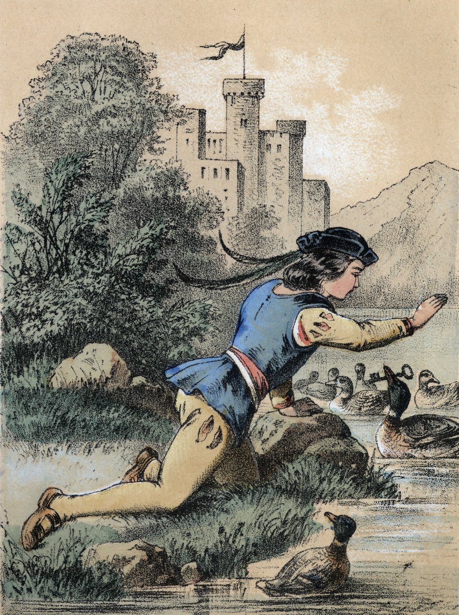 Illustration von Franz Hoffmanns Erzählungen „Tales et Fables - Die 3 Prinzen“: Ein Prinz erhält einen Schlüssel von einer Ente. Chromolithographie des 19. Jahrhunderts von Unknown artist