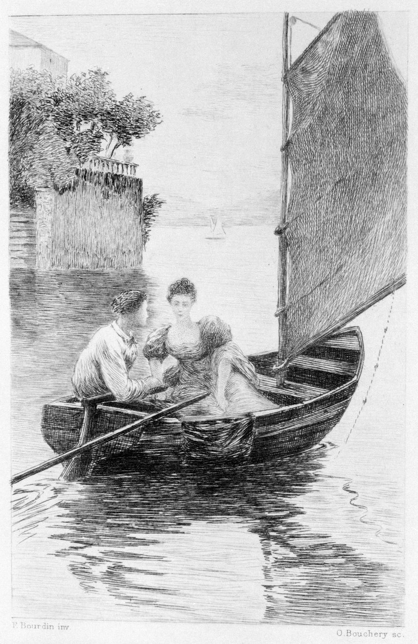 Illustration von „Rot und Schwarz“ von Stendhal. 1830. Julien Sorel und Madame de Renal auf einem Segelboot dargestellt. Gravur aus dem späten 19. Jahrhundert von Unknown artist
