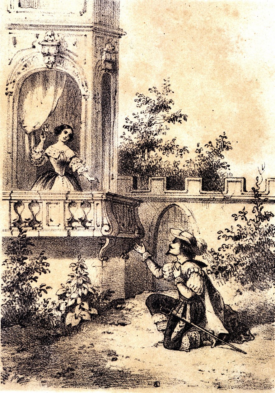 Illustration des Liedes „Der König ließ die Trommel schlagen“: ein Mann erklärt einer Frau an ihrem Fenster seine Liebe. o.D. von Unknown artist
