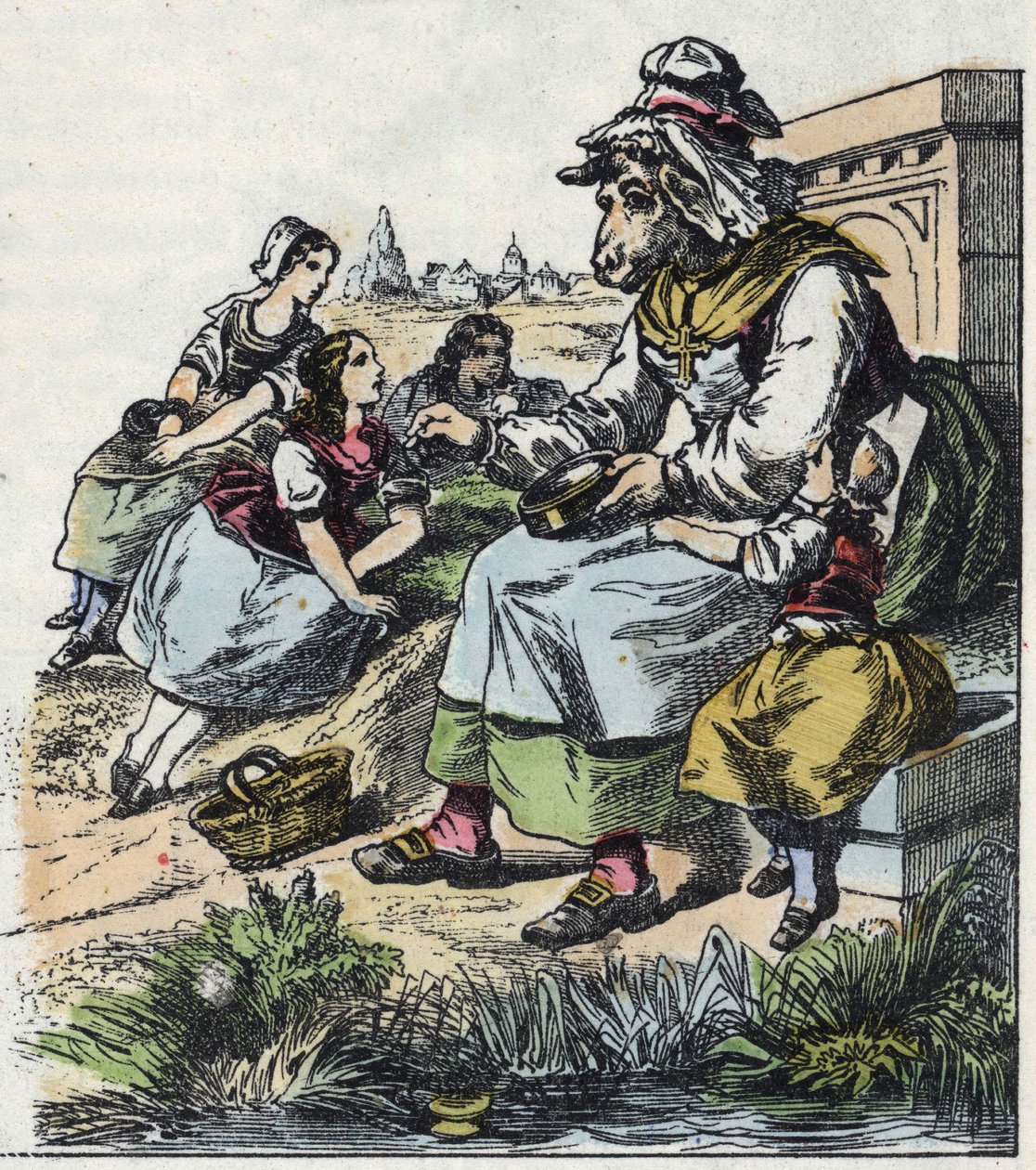Illustration des Märchens „Gute Mama Schaf“. In „Tales from the home for the little ones“. Anonyme Gravur des 19. Jahrhunderts von Unknown artist