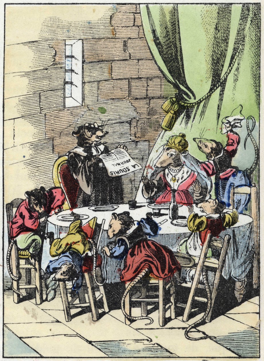 Illustration des Märchens „Der schreckliche Raminagrobis und die Mäuse“. Charakterzeichnungen von Fabeln von Jean de la Fontaine. In „Märchen aus dem Heim für die Kleinen“. Anonyme Gravur des 19. Jahrhunderts. von Unknown artist
