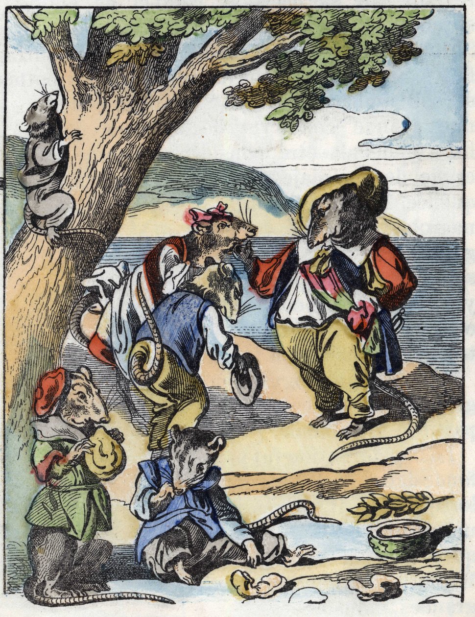 Illustration des Märchens „Der schreckliche Raminagrobis und die Mäuse“. Charakterzeichnungen von Fabeln von Jean de la Fontaine. In „Märchen aus dem Heim für die Kleinen“. Anonyme Gravur des 19. Jahrhunderts. von Unknown artist