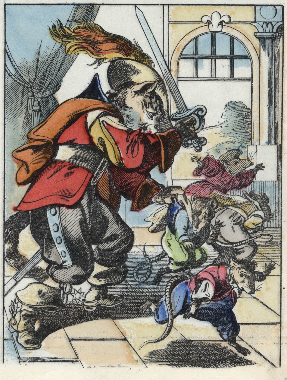 Illustration des Märchens „Der schreckliche Raminagrobis und die Mäuse“ nach einer Fabel von Jean de La Fontaine. In „Märchen aus dem Heim für die Kleinen“. Anonyme Gravur aus dem 19. Jahrhundert von Unknown artist