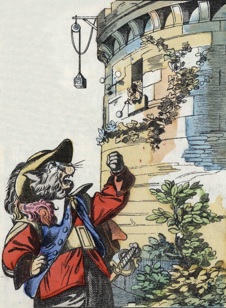 Illustration des Märchens „Der schreckliche Raminagrobis und die Mäuse“ nach einer Fabel von Jean de La Fontaine. In „Märchen aus dem Heim für die Kleinen“. Anonyme Gravur aus dem 19. Jahrhundert von Unknown artist