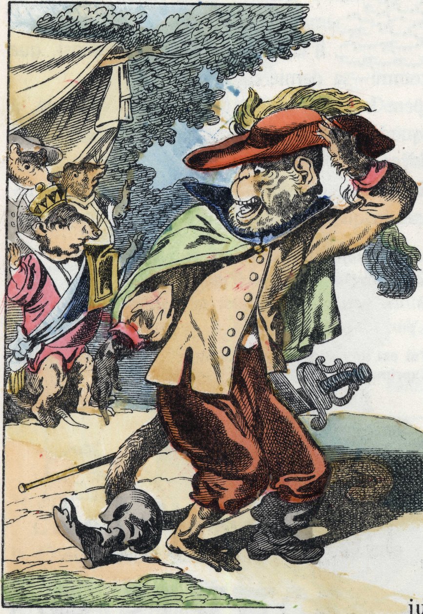 Illustration des Märchens „Der schreckliche Raminagrobis und die Mäuse“, Charakter aus Fabeln von Jean de la Fontaine. In „Tales from the home for the little ones“. Anonyme Gravur des 19. Jahrhunderts von Unknown artist
