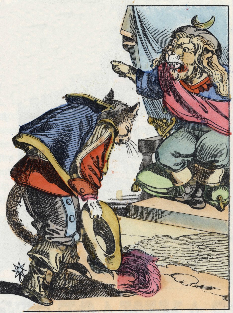 Illustration des Märchens „Der schreckliche Raminagrobis und die Mäuse“, Charakter aus Fabeln von Jean de la Fontaine. In „Tales from the home for the little ones“. Anonyme Gravur des 19. Jahrhunderts von Unknown artist