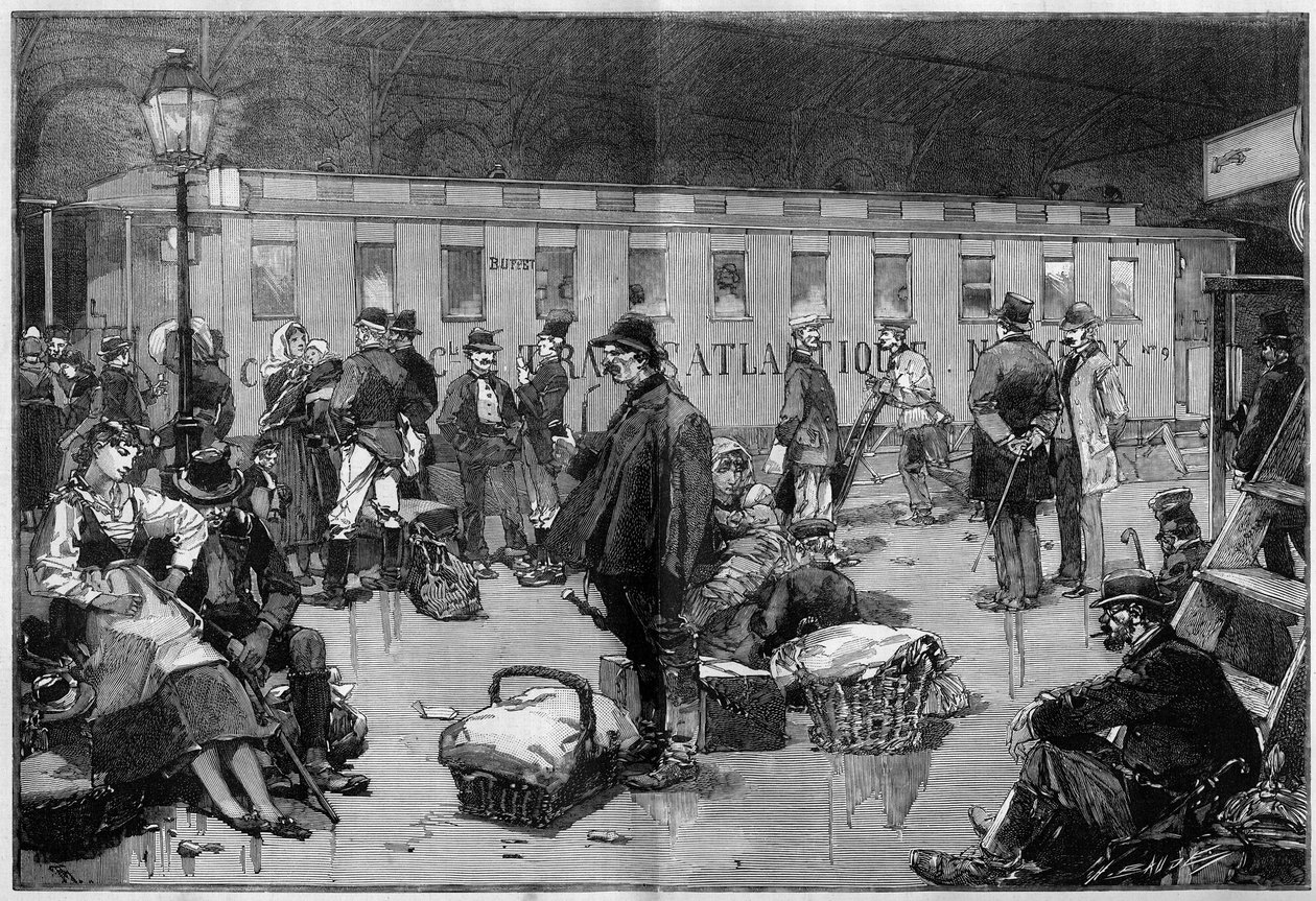 Einwanderung. Abreise von Auswanderern in Europa in die Vereinigten Staaten von Amerika: Sonderwagen der General Transatlantic Company, der von den Grenzen Deutschlands und der Schweiz nach Havre fährt, wo die Passagiere nach New York einschiffen werden. G von Unknown artist