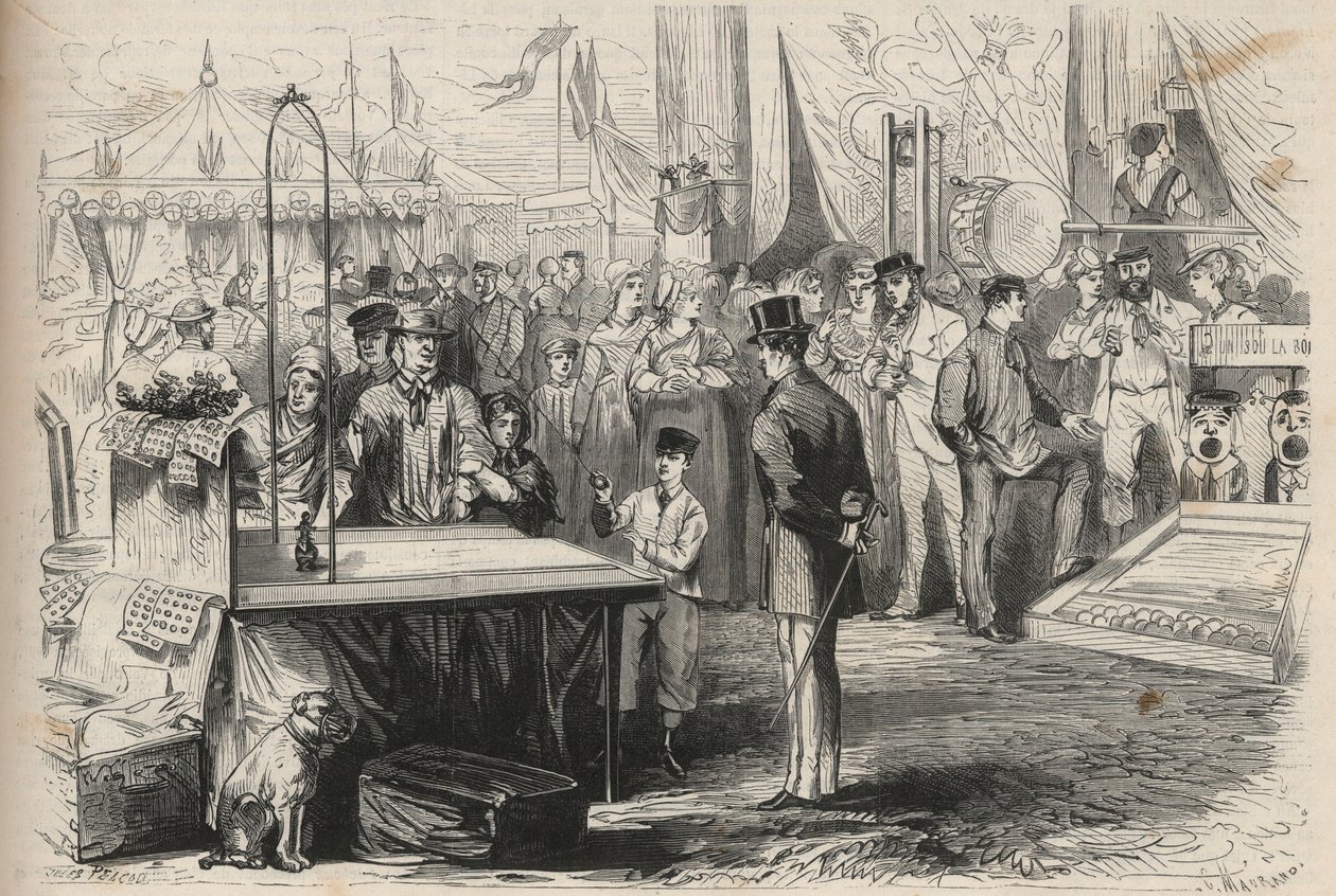 Kaiserlicher Prinz Eugene Louis Joseph (1856-1879) beim Fest von Fontainebleau. Er versucht, eine Puppe mit Hilfe eines an einer Schnur hängenden Balls zu treffen. Gravur in „The Universe illustrious“ von Unknown artist