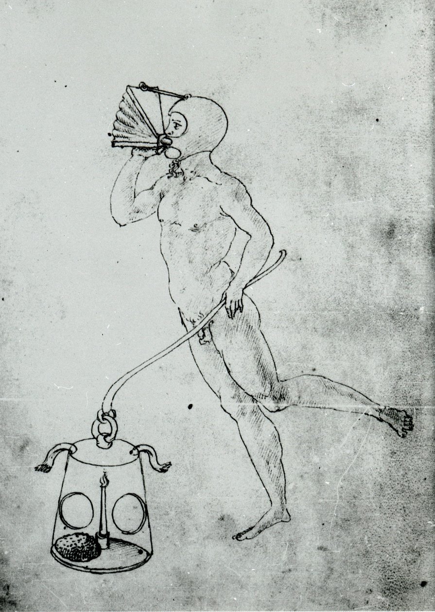 In einem Band von Francesco di Giorgio erscheint diese Zeichnung, die einen Blasebalg zum Atmen unter Wasser darstellt von Unknown artist