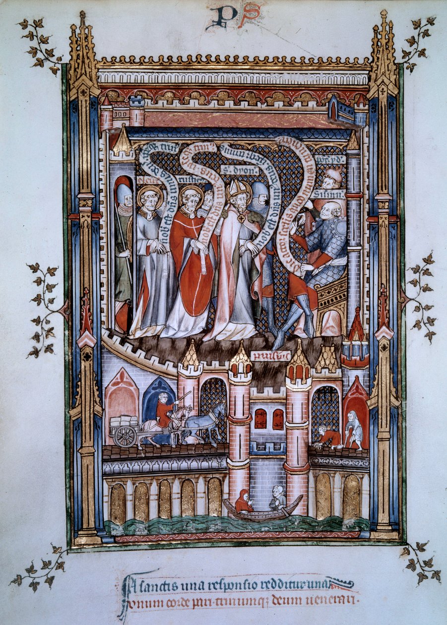 Im Zentrum von Saint Denis, vor dem Gouverneur Fescennius, beauftragt vom Kaiser Diokletian, den heiligen Denis zu exekutieren, einen Christen, der nach Paris kam, um zu evangelisieren, begleitet von Eleuthere, dem Priester, und Rustique, dem Diakon, ebenf von Unknown artist