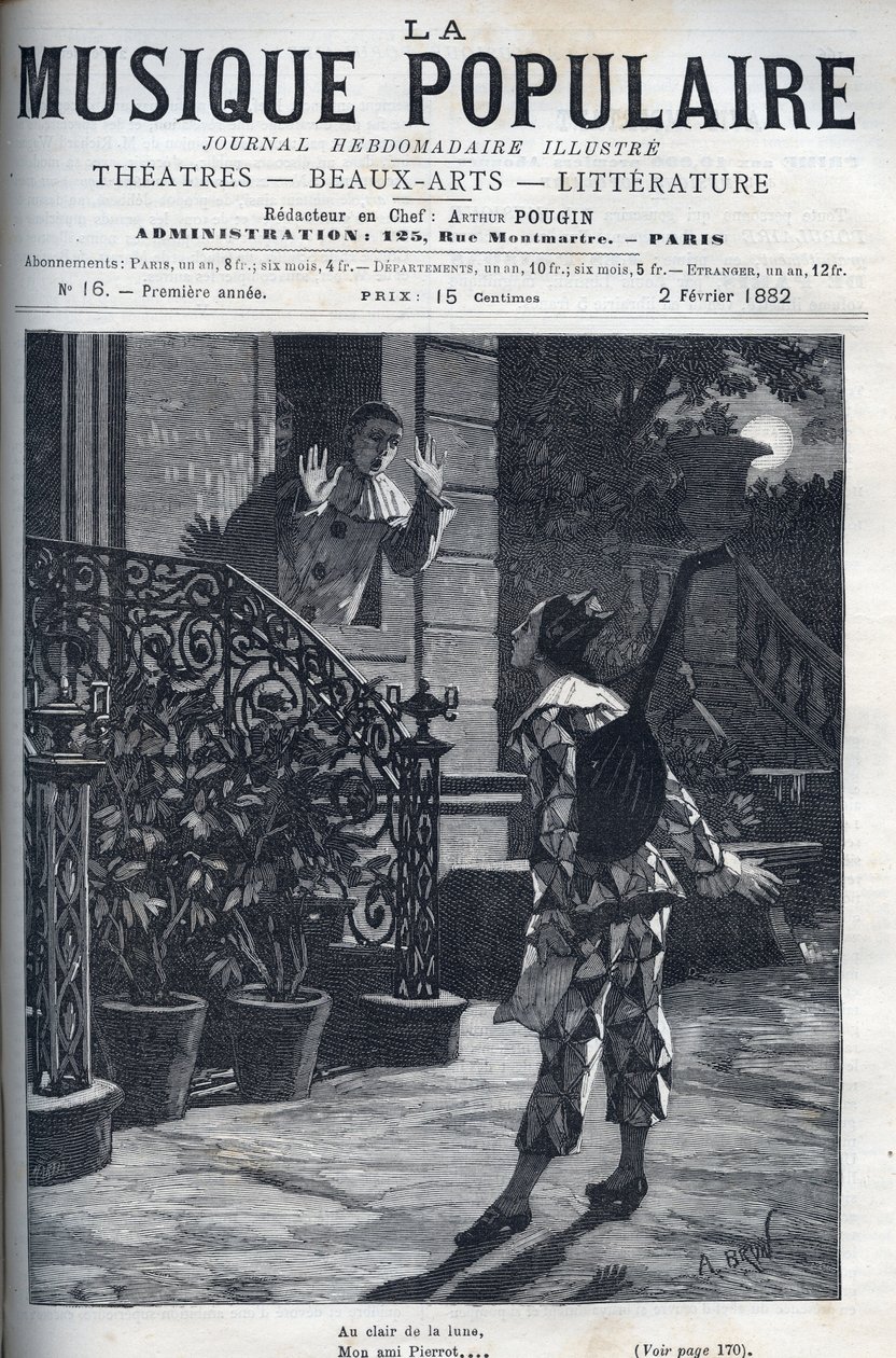 Im Mondlicht, eine Darstellung des beliebten Liedes. Harlekin auf Pierrots Balkon, im Mondlicht. von Unknown artist