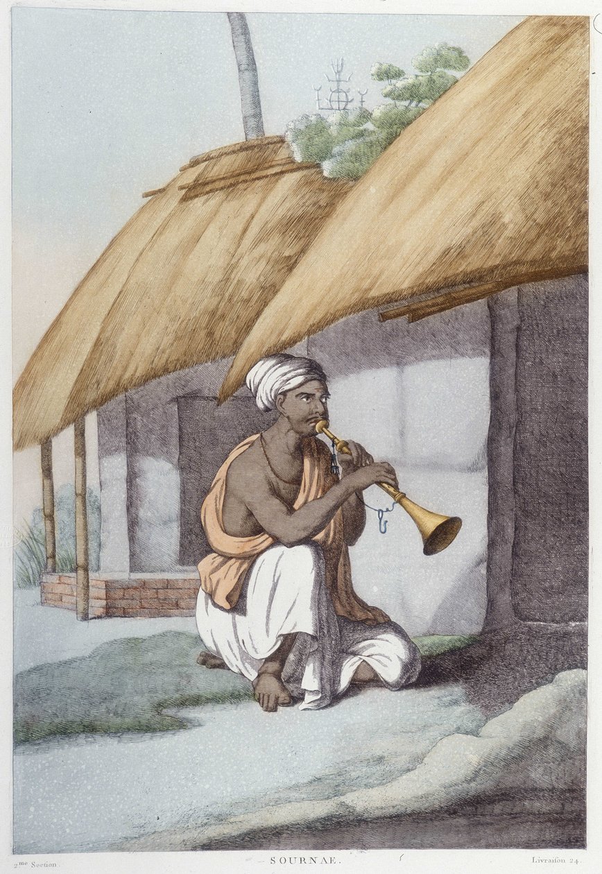 Indische Kultur, Zivilisation und Gesellschaft: Musiker mit traditioneller indischer Flöte. Gravur von 1808. von Unknown artist