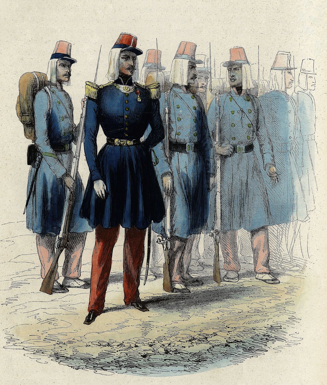 Infanterie der französischen Armee im Jahr 1830 in Algerien, Offizier, Unteroffiziere und Soldaten, in „L