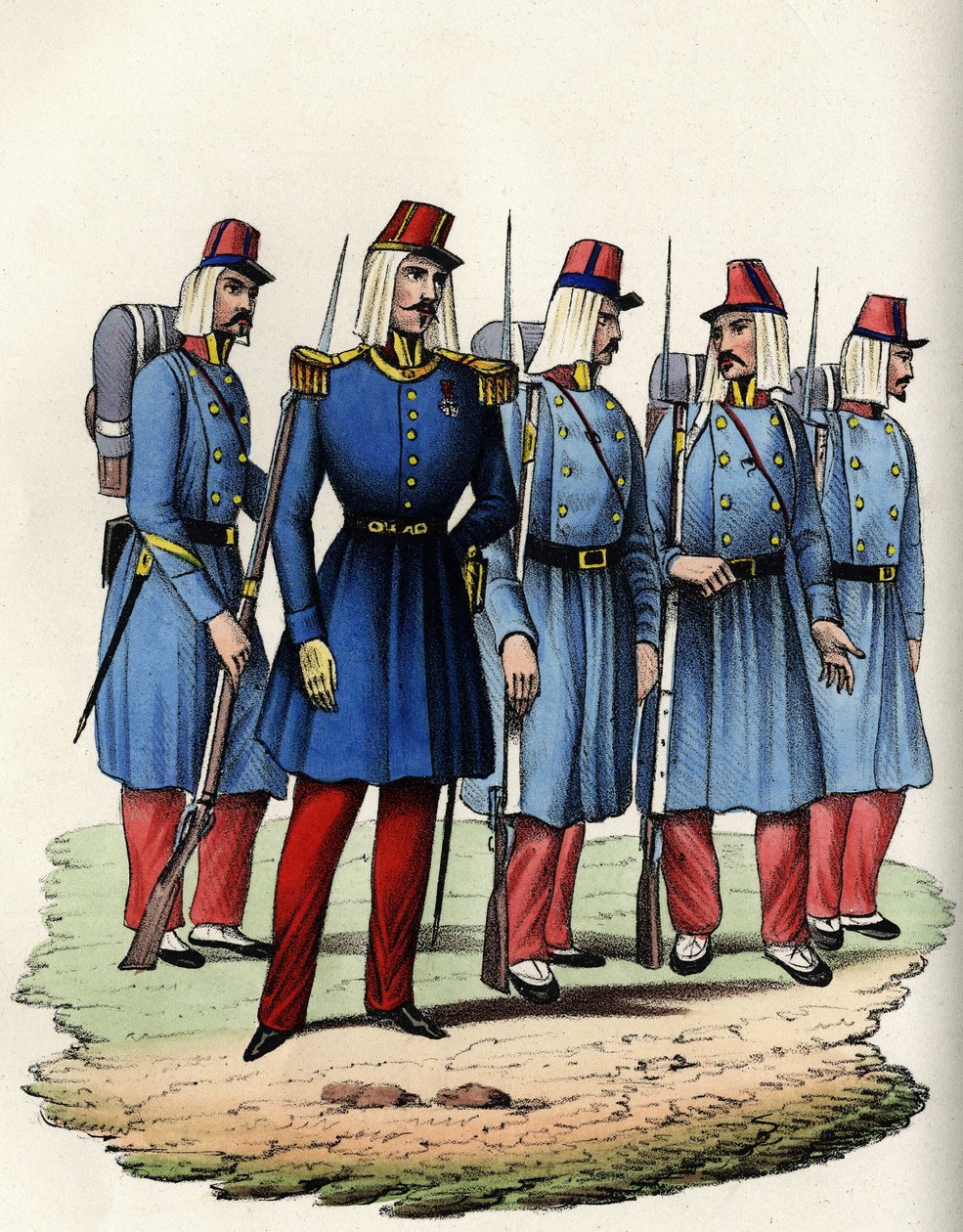 Infanterie der französischen Armee Afrikas; Offizier, Unteroffizier und Soldaten in Algerien im Jahr 1830. In „Storia d