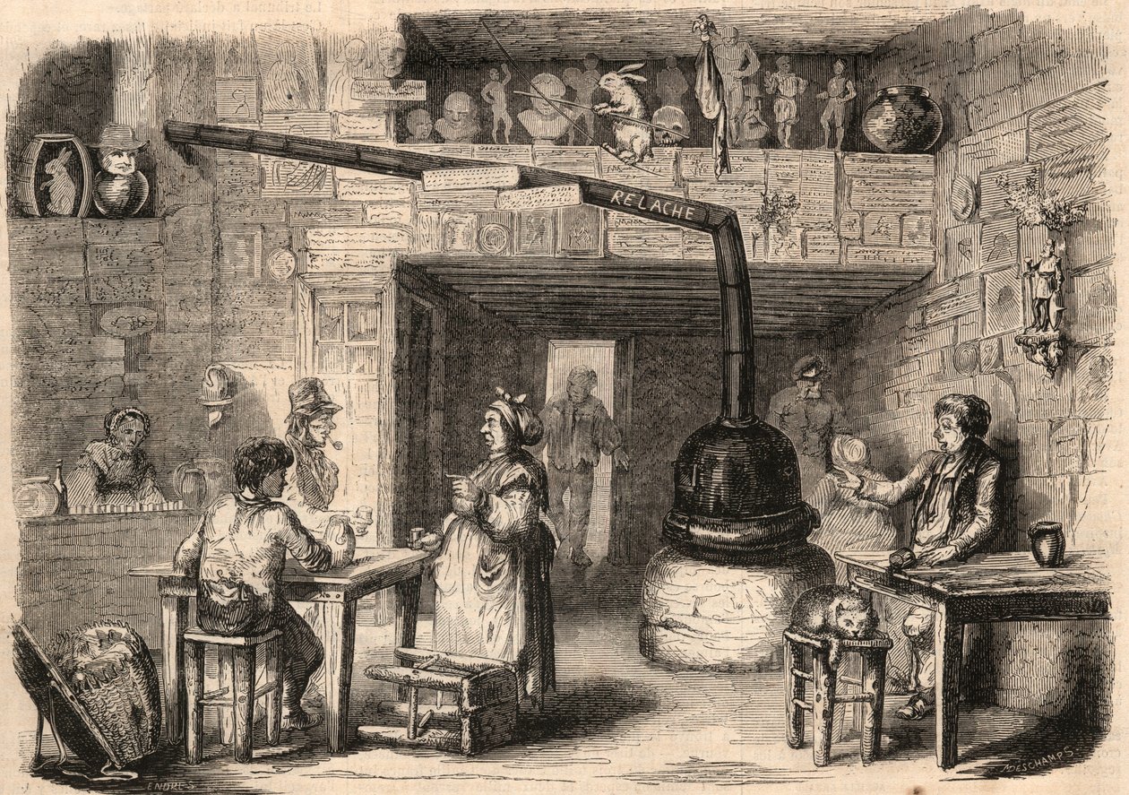 Im Inneren des Kabaretts Le Lapin Blanc (Weißes Kaninchen), Rue aux Fèves in Paris vor seinem Abriss. Eine Taverne aus der Zeit der Monarchie. Gravur in „Le Monde illustrious“ von 1862. Privatsammlung. von Unknown artist