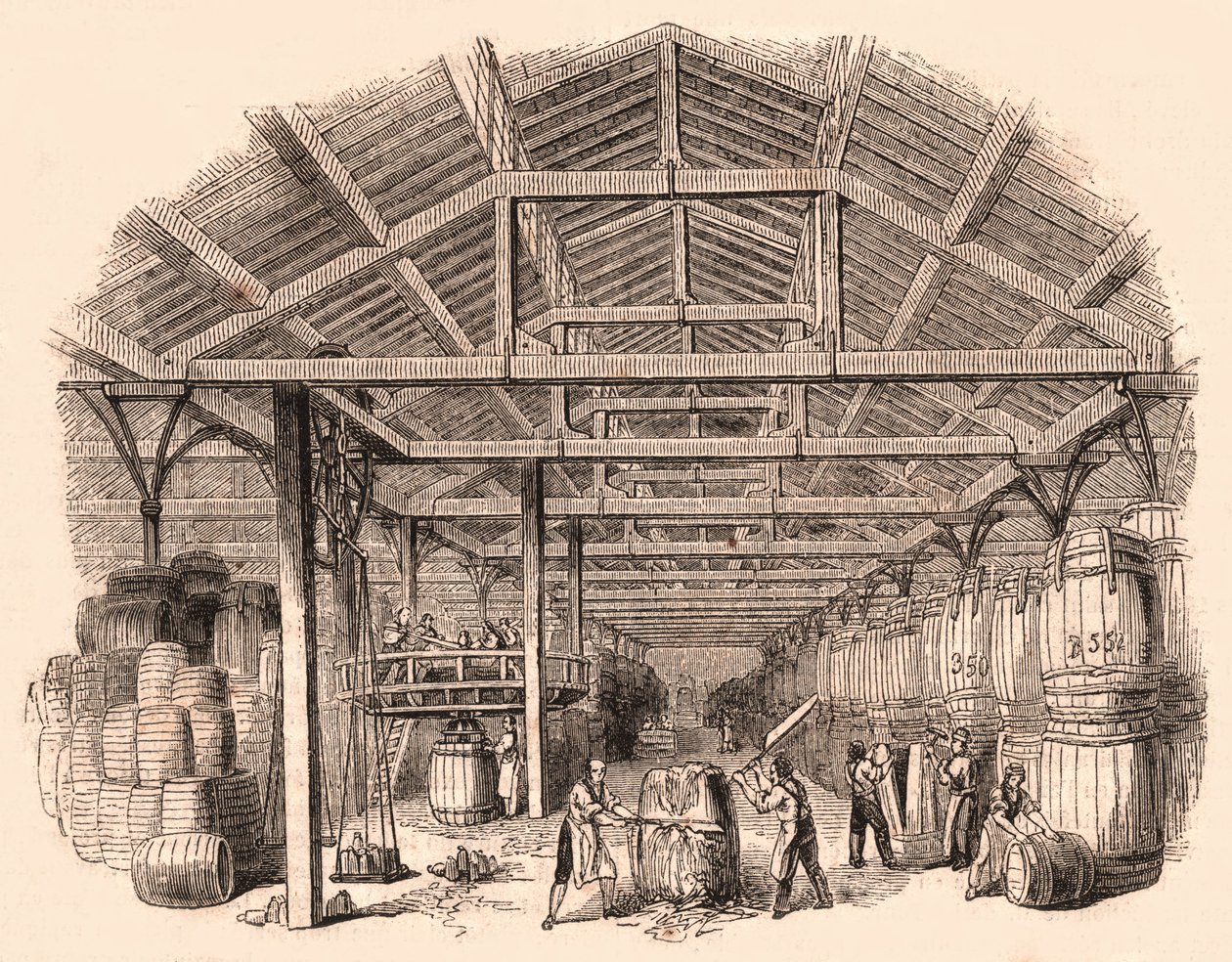 Innenansicht einer Tabakfabrik: Arbeiter beim Zerkleinern einer Tabakkugel und andere bei der Herstellung und Handhabung von Fässern von Unknown