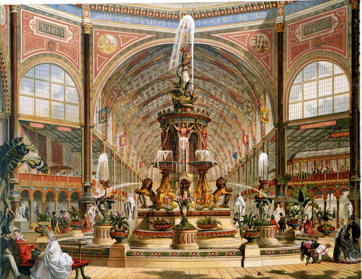 Innenansicht des Kristallpalastes während der Internationalen Ausstellung von 1862. Majolika-Brunnen von Minton. Chromolithographie von Unknown artist