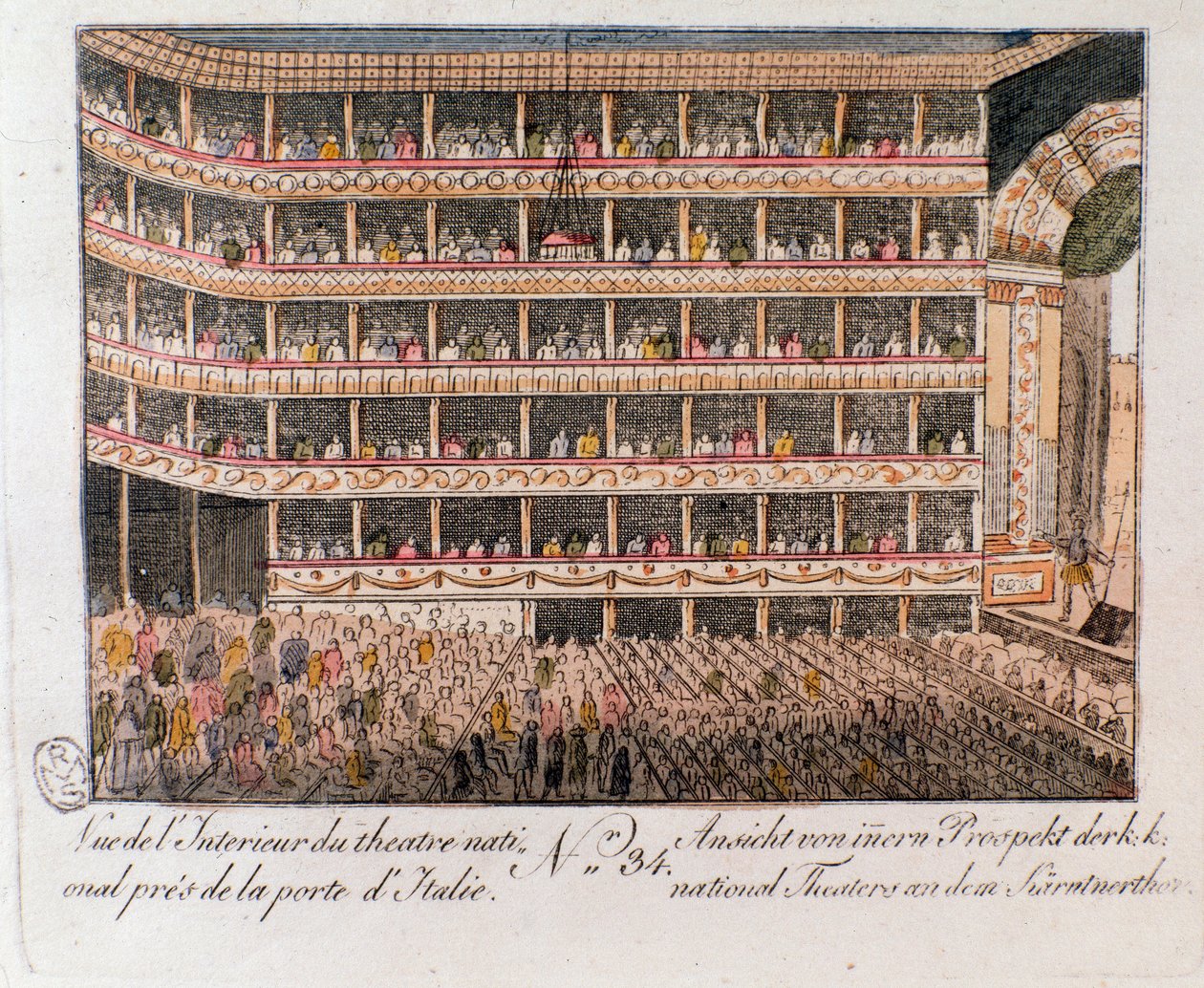 Innenansicht des Nationaltheaters nahe dem Italienischen Tor in Wien, Österreich. Gravur von 1815 von Unknown artist