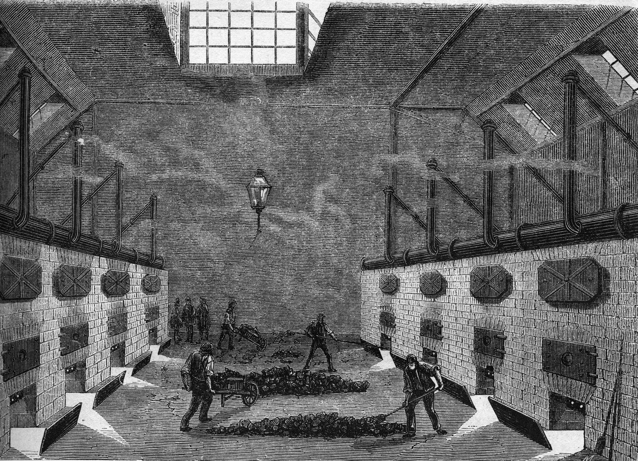 Innenansicht einer Gasfabrik. Gravur von 1860-1861. von Unknown artist