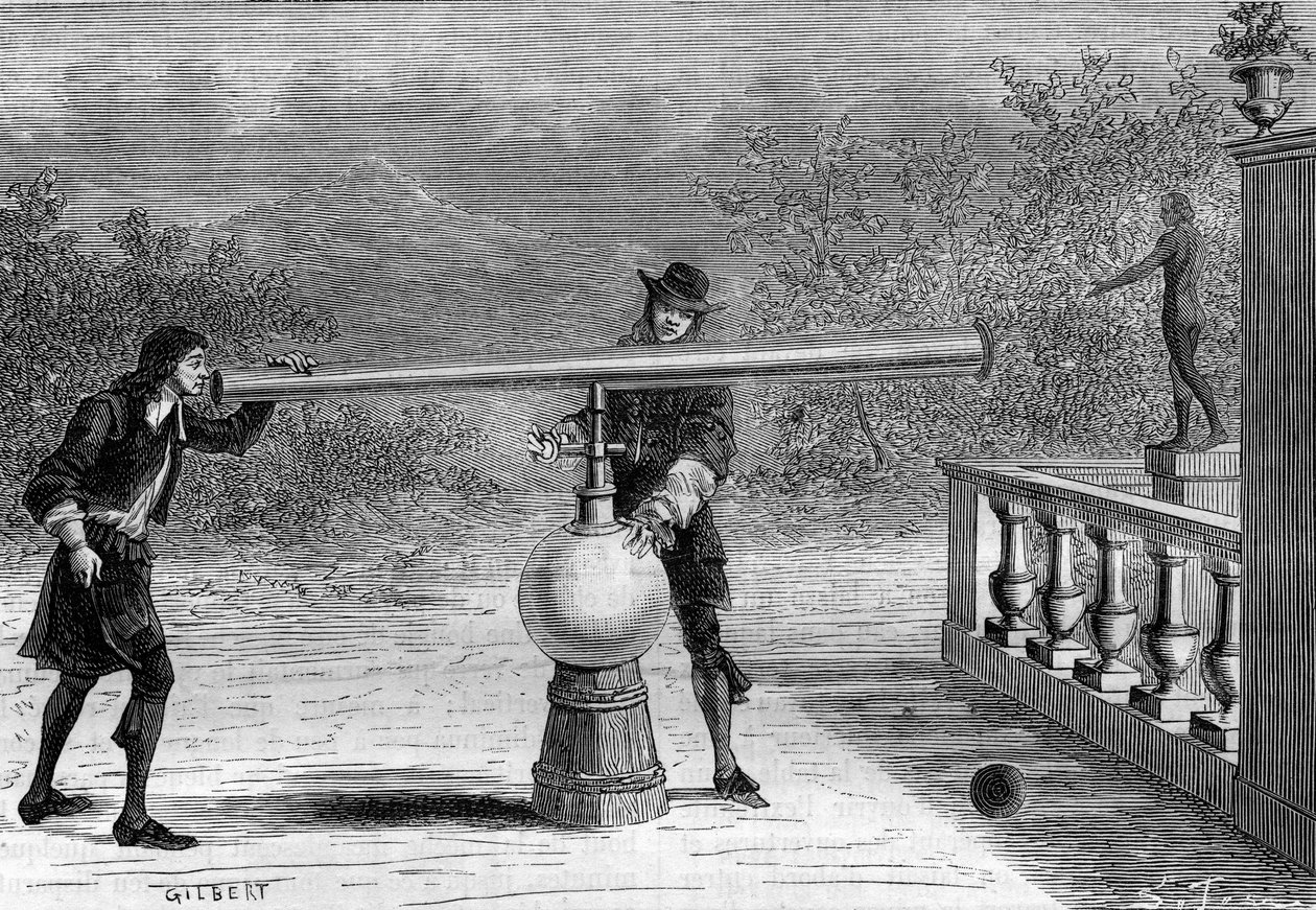 Erfindung: Sarbacan oder Luftgewehr von Otto von Guericke (1602-1686), deutscher Erfinder. In „La Nature“ von Unknown artist
