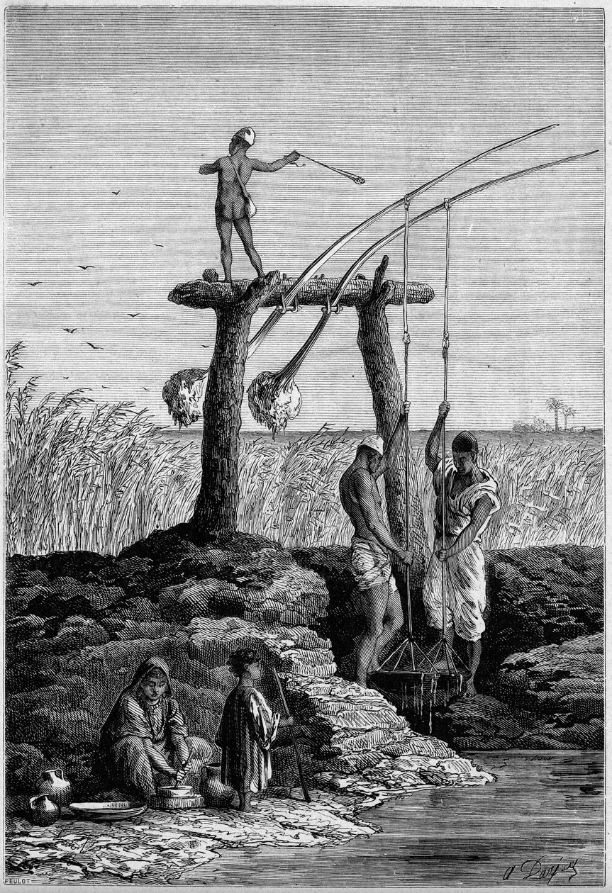 Bewässerung in Ägypten: Schadufs (oder Schadufs) am Ufer des Nils. Gravur in "Le Monde Illustré" Nr. 1313 vom 27. Mai 1882. von Unknown artist