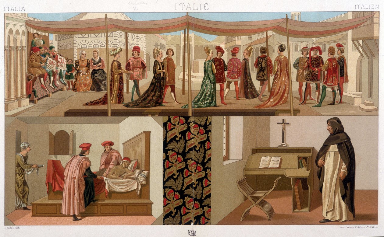 Italienische Kostüme des 15. Jahrhunderts. In „Le costume historique“ von A. Racinet von Unknown artist
