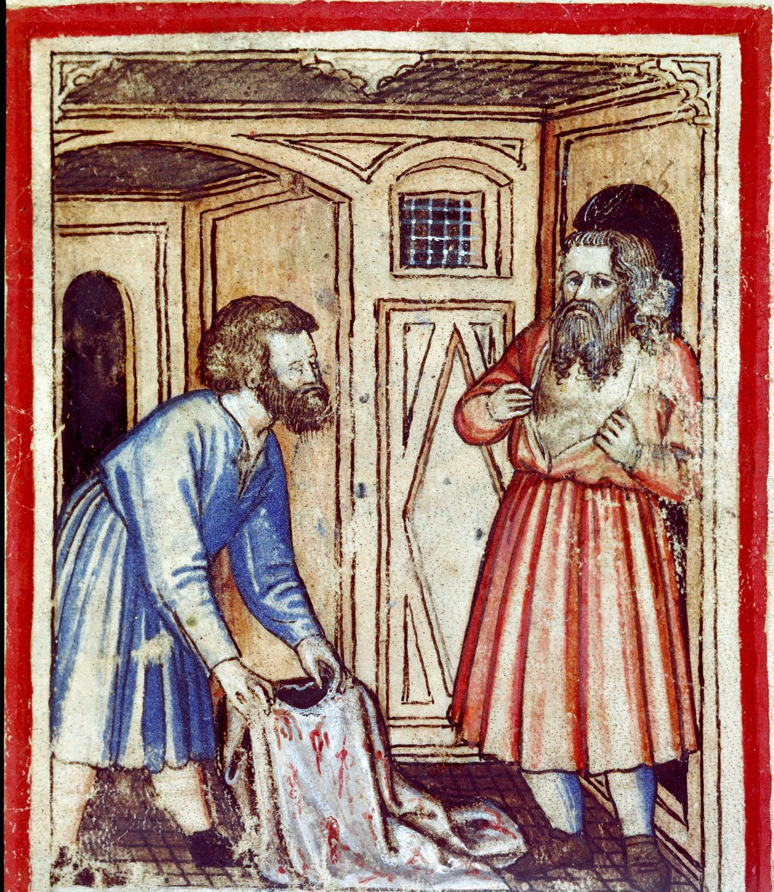 Jakob erfährt vom Tod seines Sohnes Joseph, der von seinen Brüdern an die Ägypter verkauft wurde. Miniatur aus Codex 212 (oder Padovano Codice oder Bibel von Padua) 1390-1400 von Unknown artist