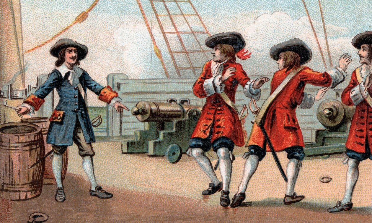 Jean Bart (1650-1702), französischer Marinekommandant und Freibeuter, droht sein Schiff in die Luft zu sprengen - Der Freibeuter Jean Bart (1650-1702) droht einem englischen Freibeuter, der ihn gefangen genommen hat, indem er droht, sein Schiff in die Luft von Unknown artist
