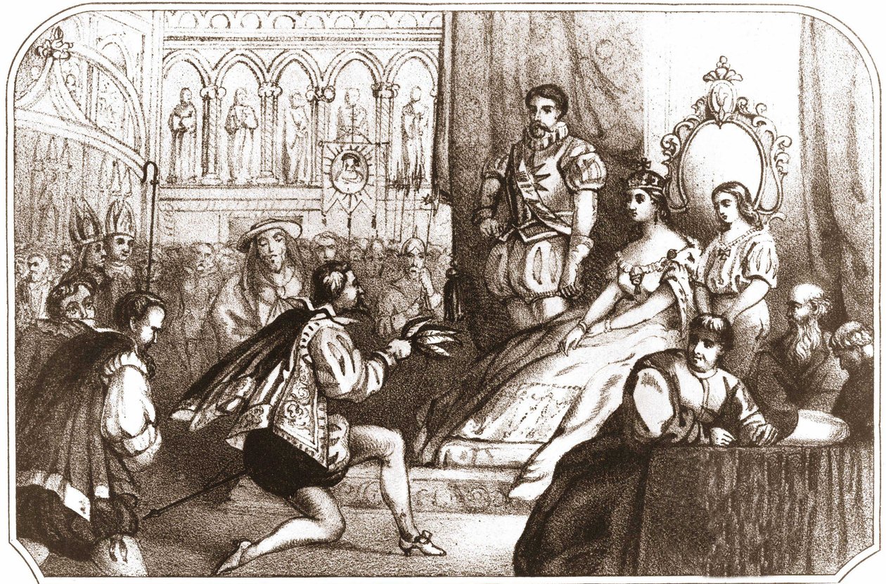 Jean Nicot präsentiert die Tabakpflanze Catherine de Medici und dem Großprior des Hauses Lothringen. Lithografie des 16. Jahrhunderts um 1868. von Unknown artist